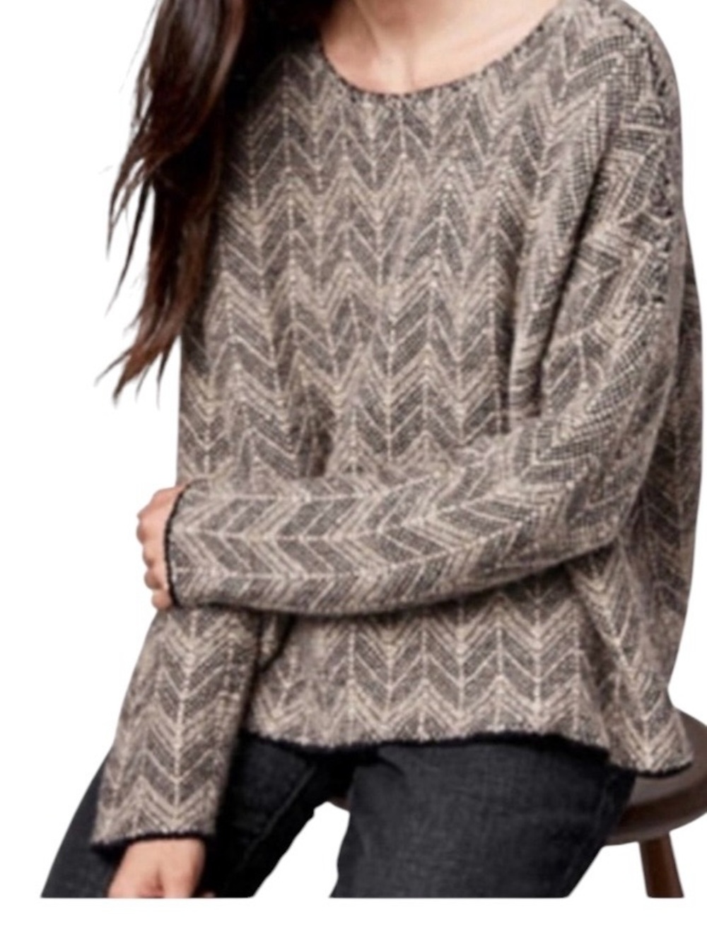 Eileen Fisher baby alpaca wool Herringbone pattern boat neck sweater
